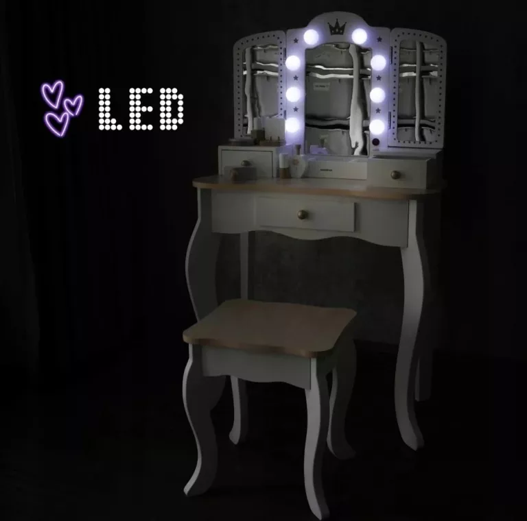 DUŻA DREWNIANA TOALETKA DLA DZIECI Z OŚWIETLENIEM LED TABORETEM AKCESORIAM