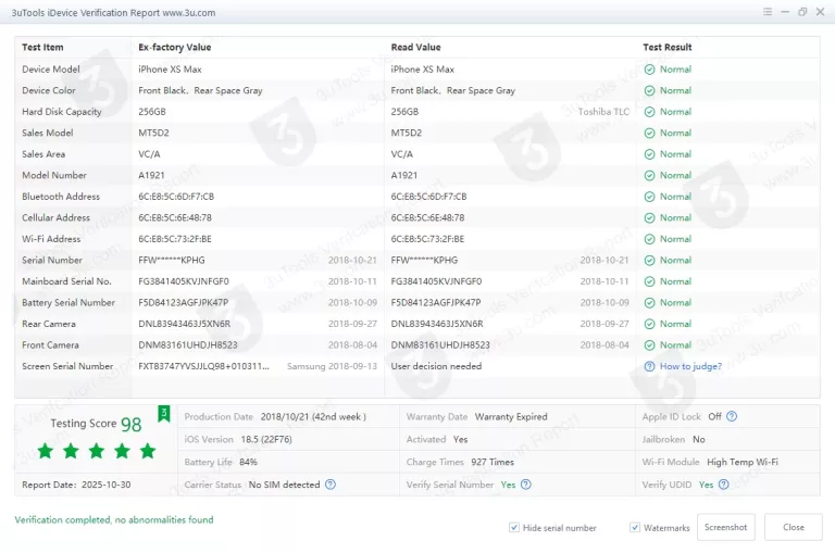 TELEFON APPLE IPHONE XS MAX 256GB BAT. 83% SPACE GRAY