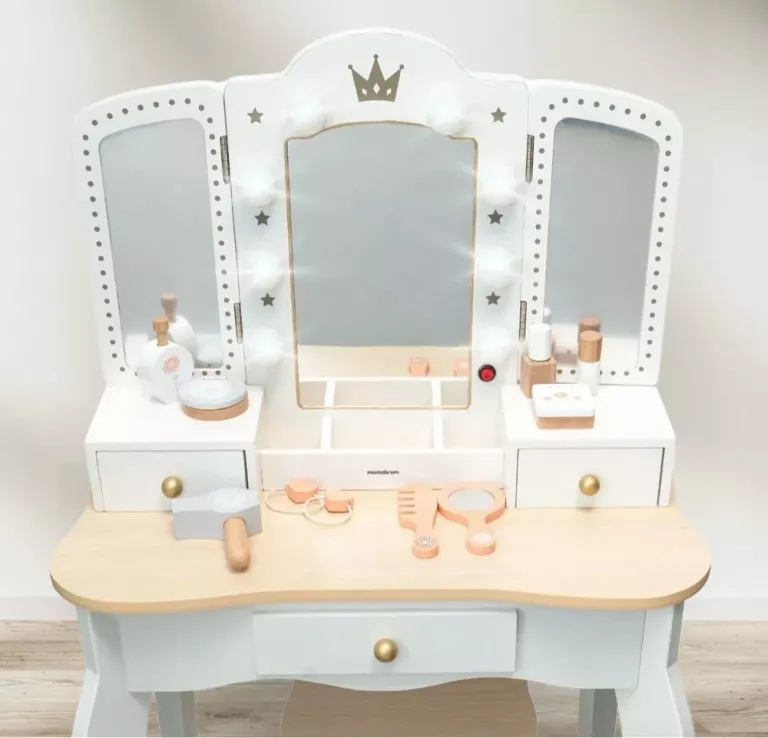 DUŻA DREWNIANA TOALETKA DLA DZIECI Z OŚWIETLENIEM LED TABORETEM AKCESORIAM