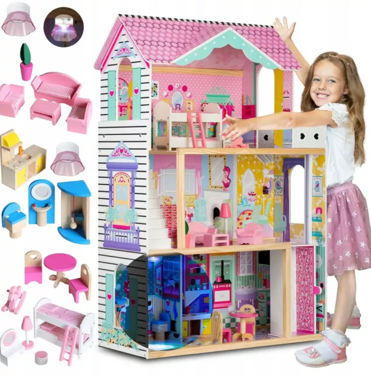 XXL DUŻY DREWNIANY DOMEK DLA LALEK RÓŻOWY MEBLE WINDA AKCESORIA LED