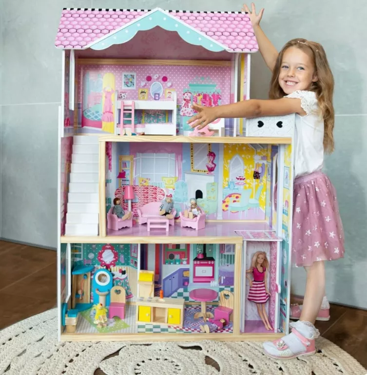 XXL DUŻY DREWNIANY DOMEK DLA LALEK RÓŻOWY MEBLE WINDA AKCESORIA LED