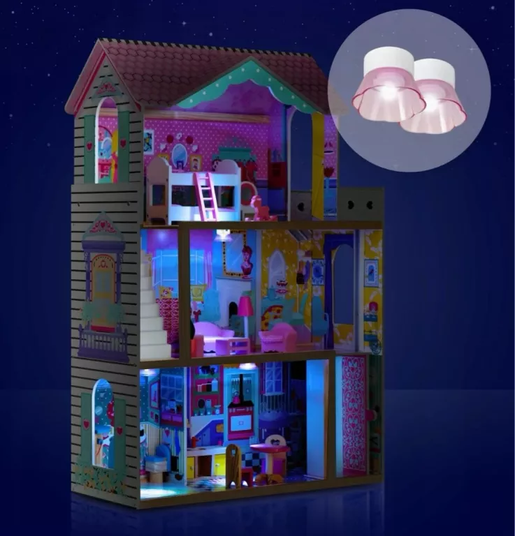 XXL DUŻY DREWNIANY DOMEK DLA LALEK RÓŻOWY MEBLE WINDA AKCESORIA LED