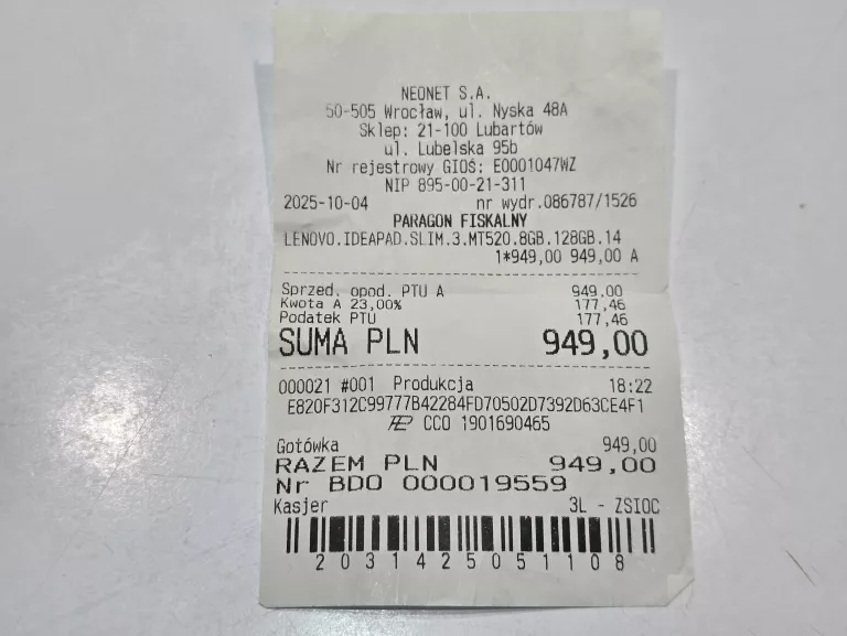 LAPTOP LENOVO IDEAPAD SLIM 3 CHROME 14M868 KOMPLET + PARAGON 05.10.2025