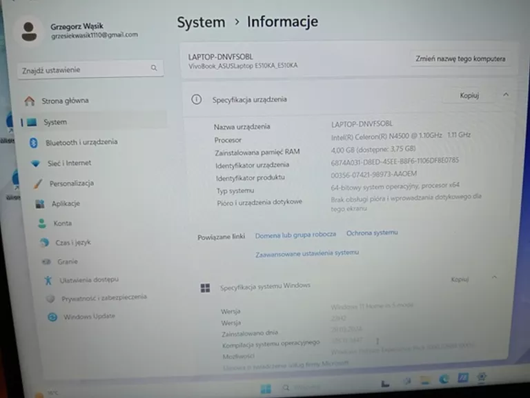 LAPTOP ASUS E510KA-EJ082WS 15,6 " INTEL CELERON N 4 GB / 128 GB NIEBIESKI