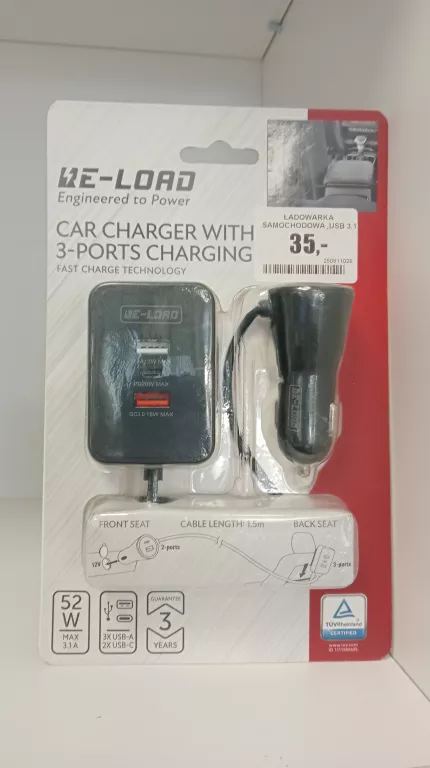 ŁADOWARKA SAMOCHODOWA ,USB 3.1 TYP C NL PRODACTION 3100 MA