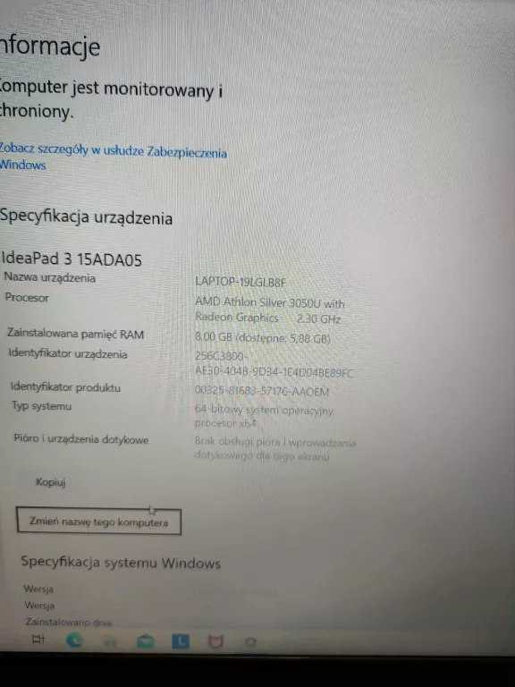 LAPTOP LENOVO IP3 ATHLON 15ADA05 A3050U 8/512GB SSD W10