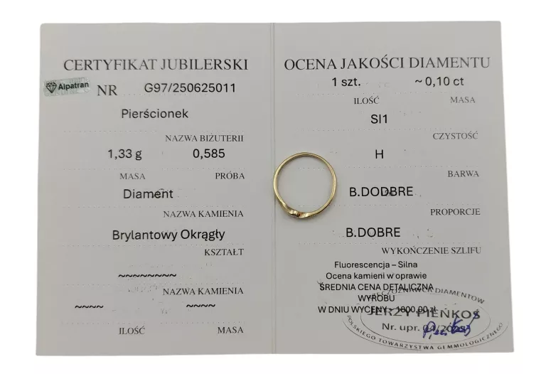 ZŁOTY PIERŚCIONEK Z DIAMENTEM 0,10 CT 14K 585/1,33 G/R 15