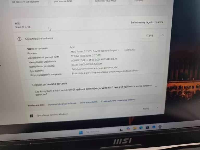 LAPTOP MSI BRAVO 17 RYZEN 5 7535HS/32GB/512/RTX4050 10GB/144HZ