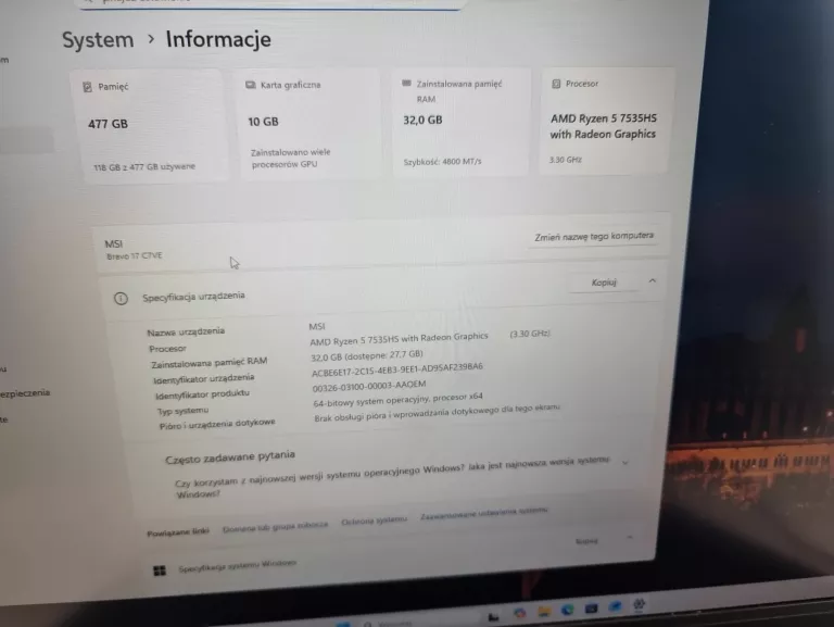 LAPTOP MSI BRAVO 17 RYZEN 5 7535HS/32GB/512/RTX4050 10GB/144HZ