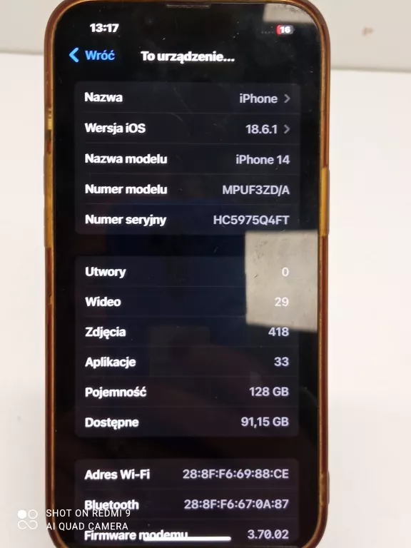 TELEFON APPLE 14 USZKODZONE PLECY