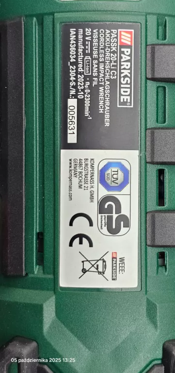 PARKSIDE KLUCZ UDAROWY PASSK 20-LI C3 + BATERIA + WALIZKA