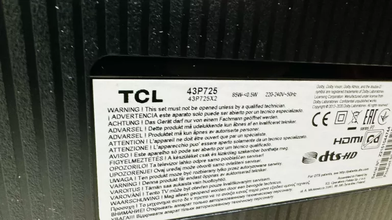 TELEWIZOR TCL 43P725 43" 4K ANDROID TV TUNER DVB-T2 + PILOT WARTO OKAZJA