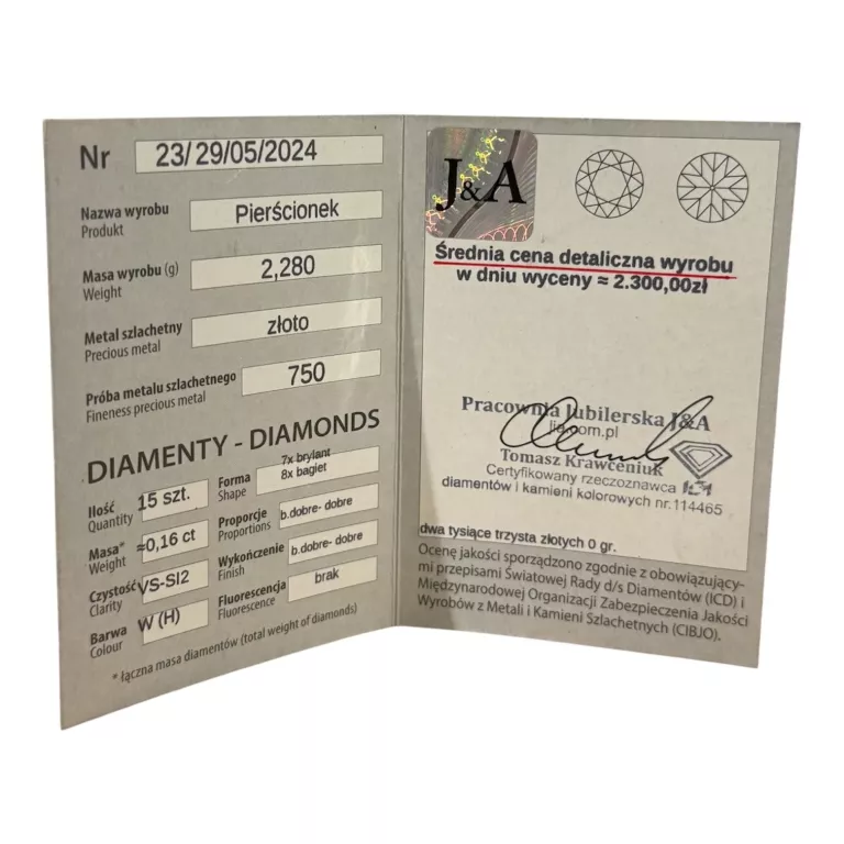 ZŁOTY PIERŚCIONEK Z BRYLANTEM  750 - 2,28G - 12R CERTYFIKAT!