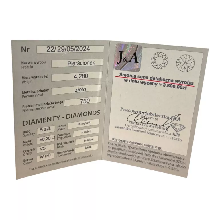 ZŁOTY PIERŚCIONEK Z BRYLANTEM 750 - 4,28G - 14R CERTYFIKAT!