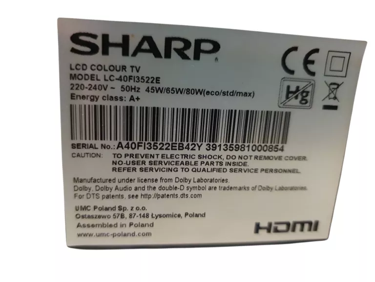 TELEWIZOR SHARP LC-40FI3522E +KARTON+PILOT