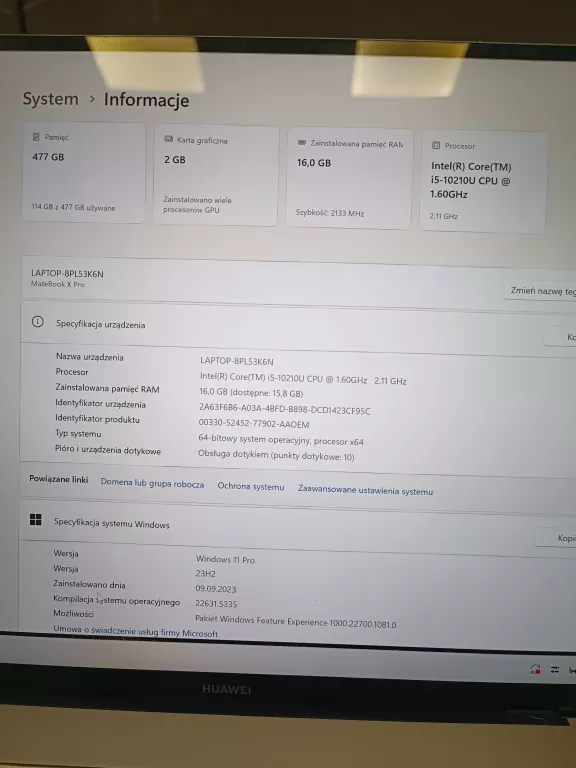 LAPTOP HUAWEI MATEBOOK X PRO 2020