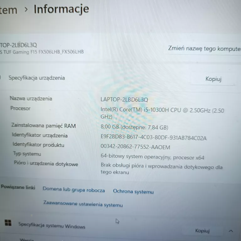 LAPTOP ASUS TUF GAMING F15 FX506L 15.6" IPS 144HZ I5-10TH 8/512GB GTX1650