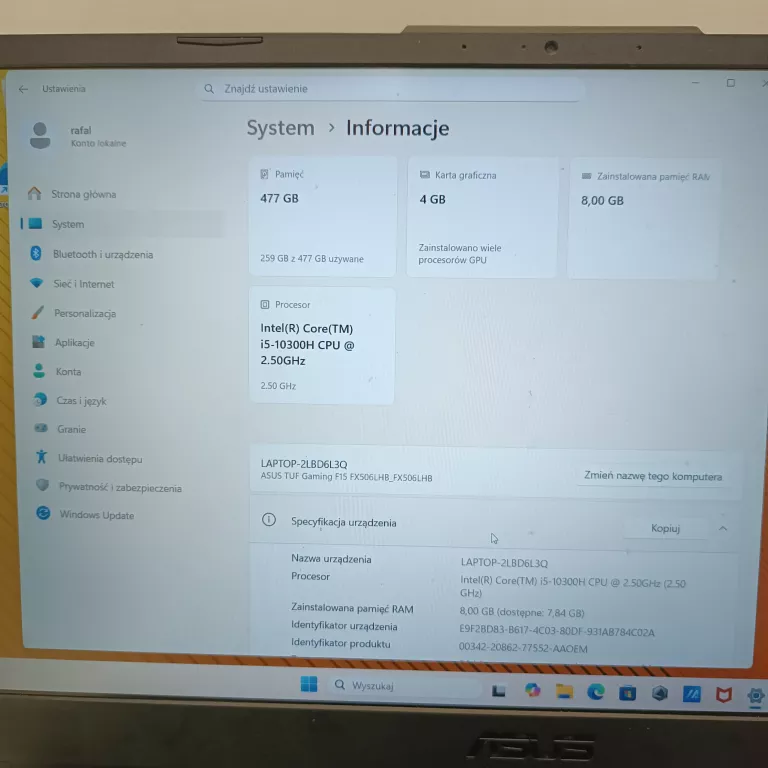 LAPTOP ASUS TUF GAMING F15 FX506L 15.6" IPS 144HZ I5-10TH 8/512GB GTX1650
