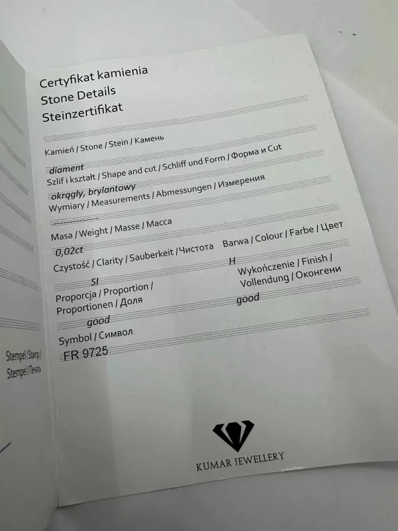 PIERŚCIONEK Z DIAMENTEM 0,02CT Z CERTYFIKATEM PR. 585 WAGA: 1,82G R: 9,5
