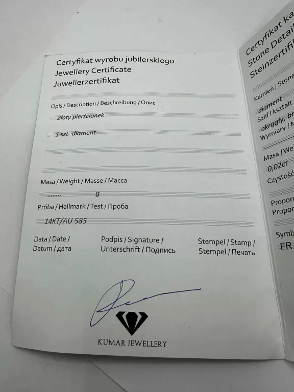 PIERŚCIONEK Z DIAMENTEM 0,02CT Z CERTYFIKATEM PR. 585 WAGA: 1,82G R: 9,5