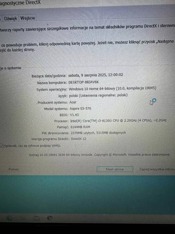 LAPTOP ACER ASPIRE E5-576 6GB/500GB, WIN10, CORE I3