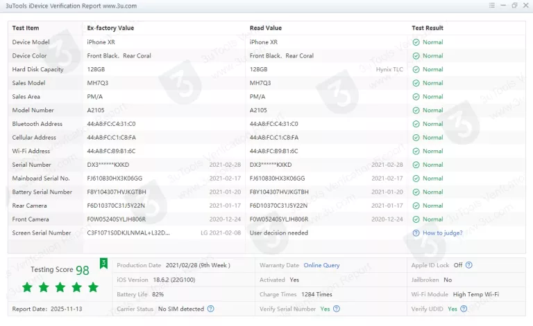 TELEFON APPLE IPHONE XR 128GB 6.1"  BAT. 78% 2942 MAH