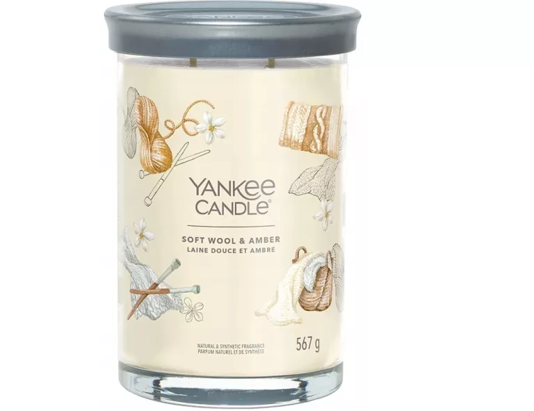 YANKEE CANDLE ŚWIECA SIGNATURE TUMBLER W SZKLE DUŻA SOFT WOOL & AMBER 567G