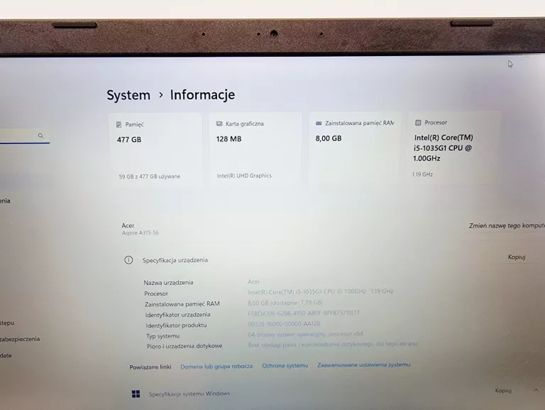 LAPTOP ACER ASPIRE 3 A315-56-55MF INTEL CORE I5 8 GB / 512 GB