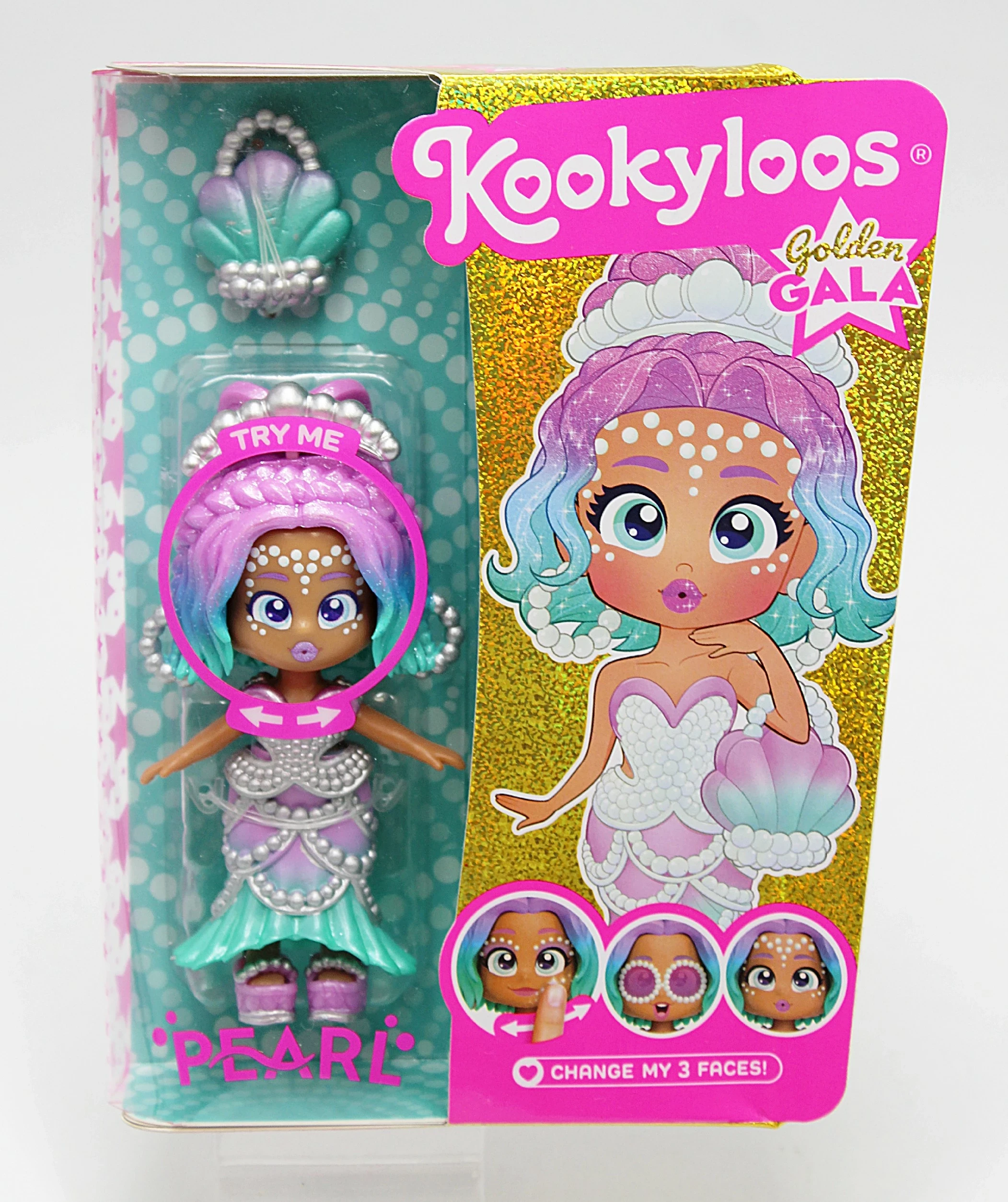 KOOKYLOOS Golden Gala Sammelpuppe Pearl – Mit 3 Austauschbaren Gesichtern, Modischer Kleidung, Schuhen & Accessoire (Muscheltasche)