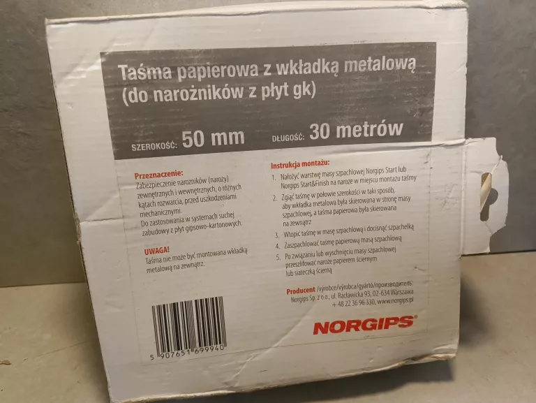 TAŚMA PAPIEROWA Z WKŁADKĄ METALOWĄ NORGIPS 5CMX30MB 20/20B/01-0004