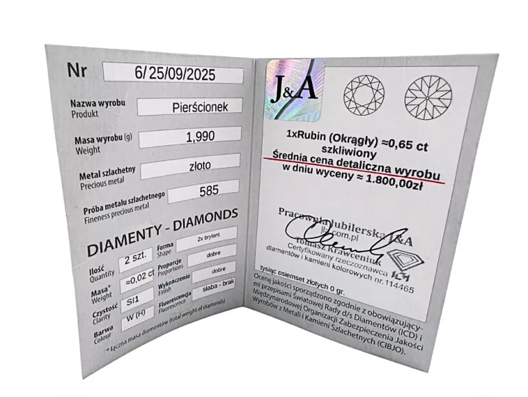ZŁOTY PIERŚCIONEK Z RUBINEM W 1,99 G PR 585 ROZM. 19 + CERTYFIKAT