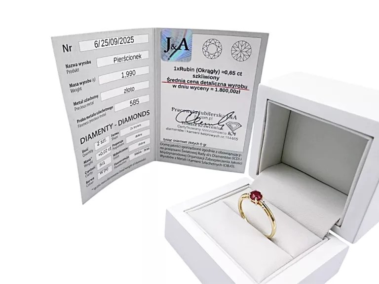ZŁOTY PIERŚCIONEK Z RUBINEM W 1,99 G PR 585 ROZM. 19 + CERTYFIKAT