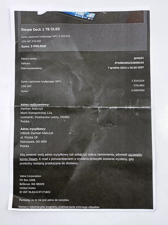 KONSOLA VALVE STEAM DECK OLED 1 TB CZARNA + ETUI + ZASILACZ + FV