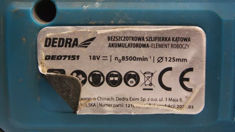 SZLIFIERKA KĄTOWA DEDRA DED7151 +AQ 5,0 AH AKUMULATOROWA BEZSZCZOTKOWA