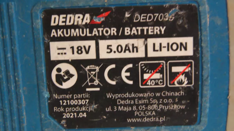 SZLIFIERKA KĄTOWA DEDRA DED7151 +AQ 5,0 AH AKUMULATOROWA BEZSZCZOTKOWA