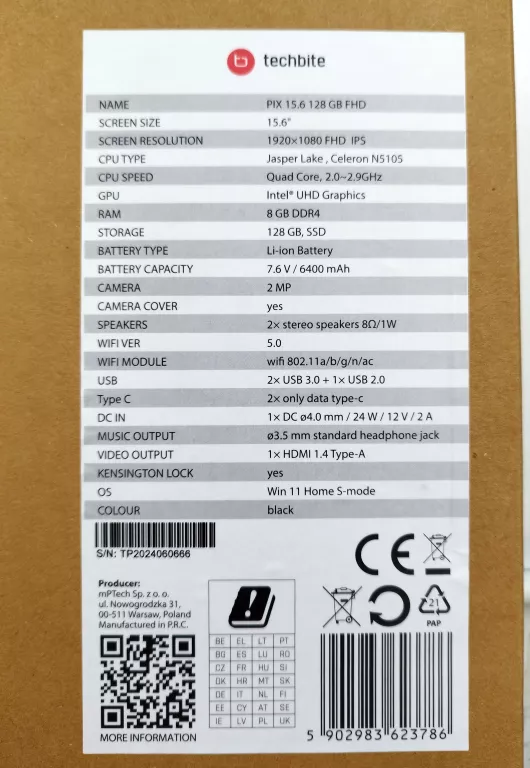 LAPTOP TECHBITE PIX 15,6 8GB RAM 128SSD DYSK