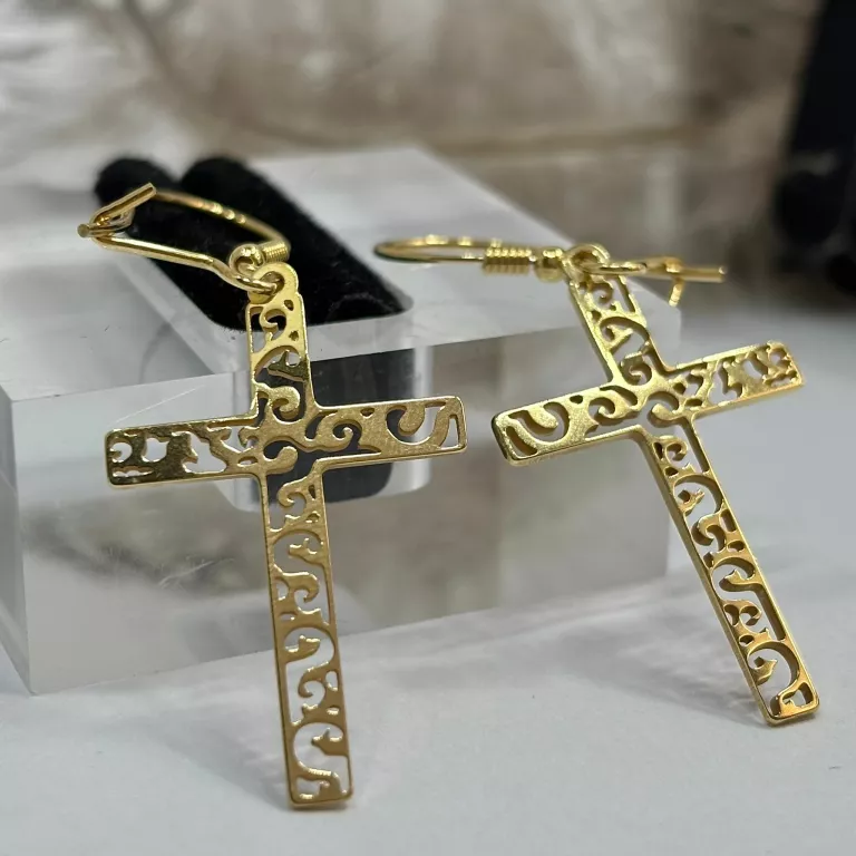 SREBRNE KOLCZYKI WISZĄCE DUŻE  KRZYŻE AŻUROWE POZŁACANE P 925/2G