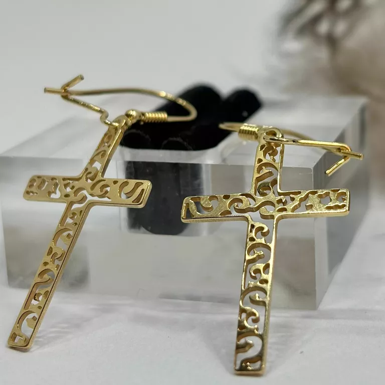 SREBRNE KOLCZYKI WISZĄCE DUŻE  KRZYŻE AŻUROWE POZŁACANE P 925/2G