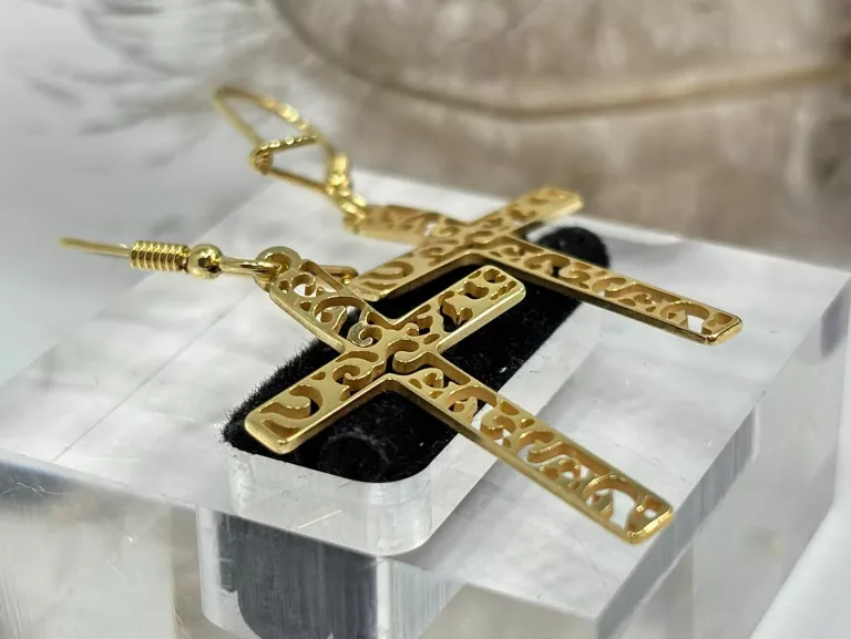 SREBRNE KOLCZYKI WISZĄCE DUŻE  KRZYŻE AŻUROWE POZŁACANE P 925/2G