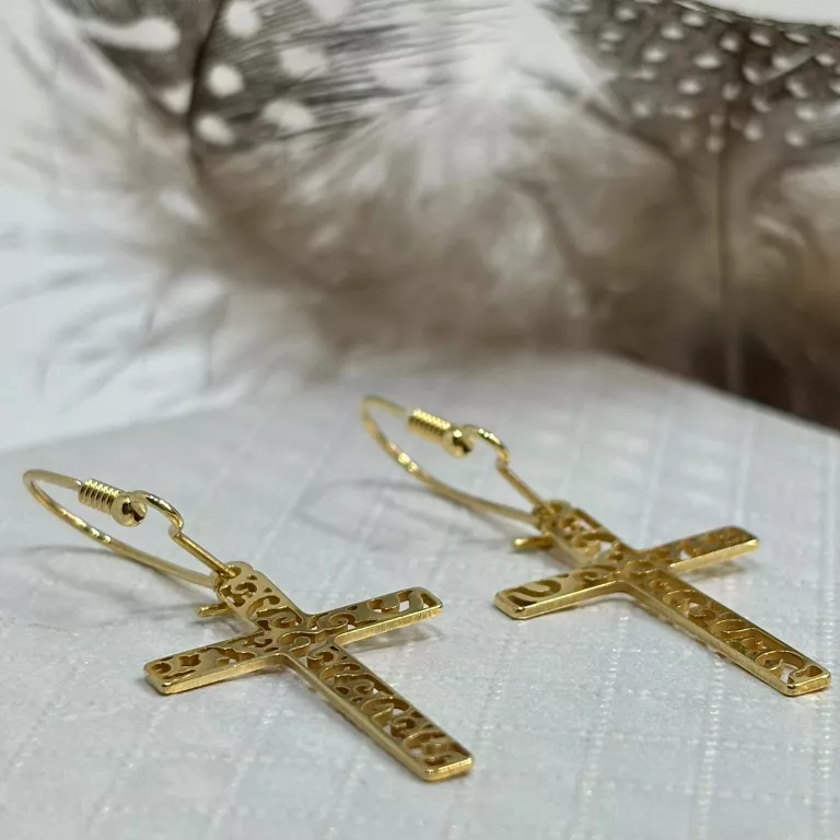 SREBRNE KOLCZYKI WISZĄCE DUŻE  KRZYŻE AŻUROWE POZŁACANE P 925/2G