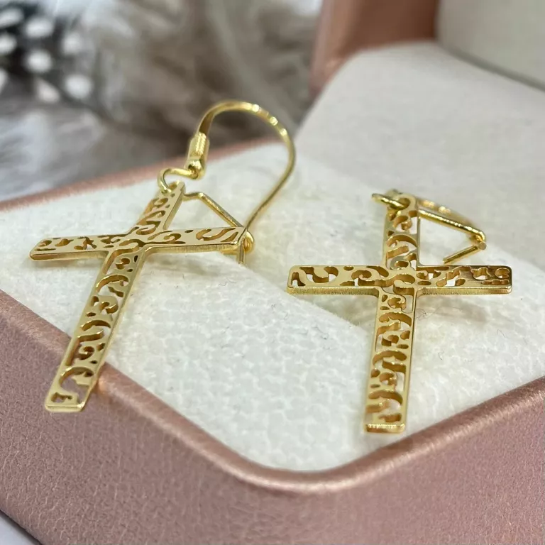 SREBRNE KOLCZYKI WISZĄCE DUŻE  KRZYŻE AŻUROWE POZŁACANE P 925/2G