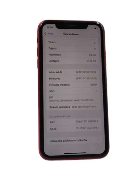 TELEFON APPLE IPHONE XR 3/64 GB 6,10" CZERWONY BATERIA 93%