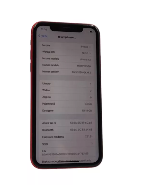 TELEFON APPLE IPHONE XR 3/64 GB 6,10" CZERWONY BATERIA 93%