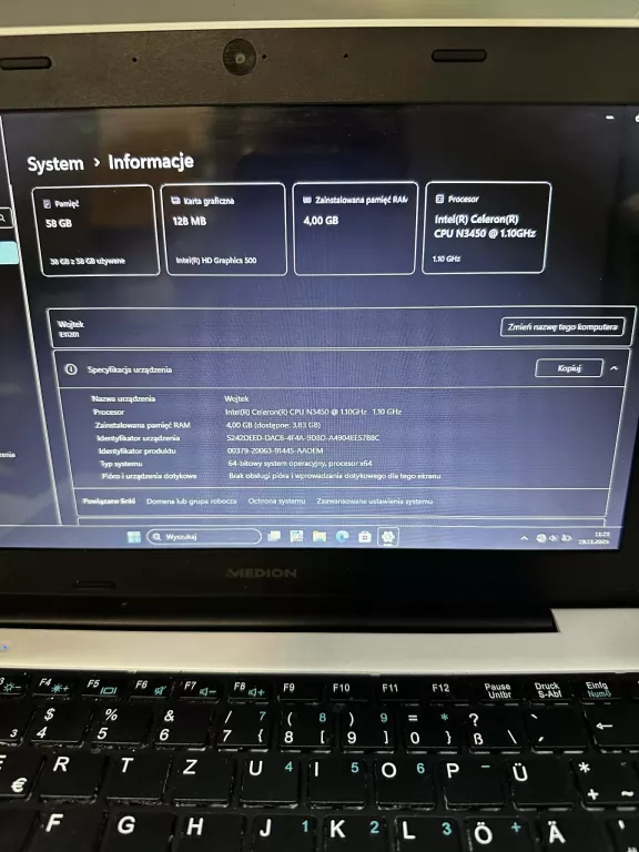 LAPTOP MEDION BIAŁY E11201 11,6 " INTEL CELERON N3450 4 GB / 64 GB