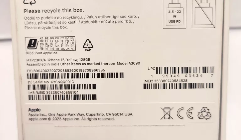 TELEFON IPHONE 15 128GB YELLOW BAT.100% - OPIS!