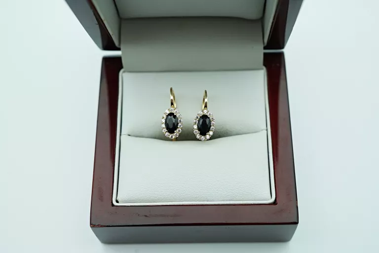 ZŁOTE KOLCZYKI Z CYRKONIAMI I CZARNYM KAMIENIEM [585] 2,32G 1,5CM