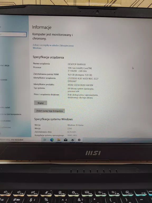 LAPTOP MSI KATANA 15 B13VGK-1493XPL  I7-13620H 16GB RTX 4070 8GB 1TB SSD