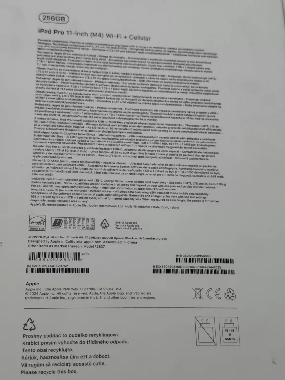 IPAD PRO 11-INCH (M4) WI-FI + CELLULAR (A2837) 256GB /PUD/EAN:195949228872