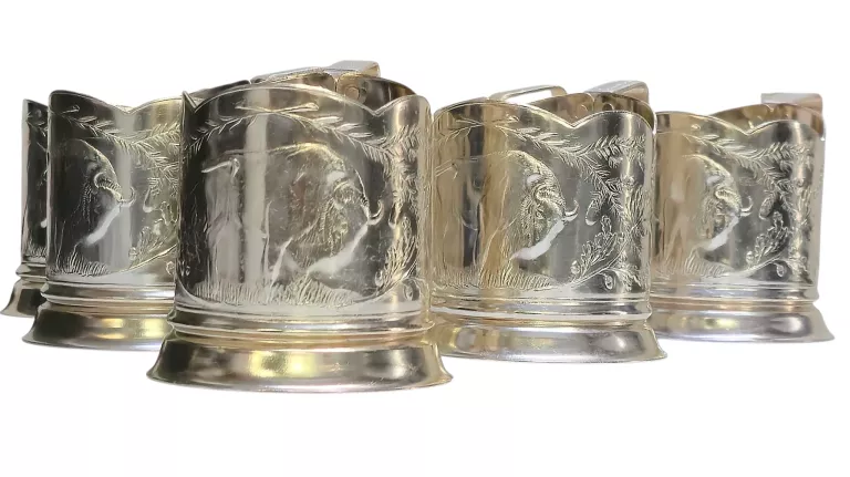 ZESTAW 6 PODSTAKANNIKÓW ZSRR H3M, MOTYW ŻUBRA, LATA 50.