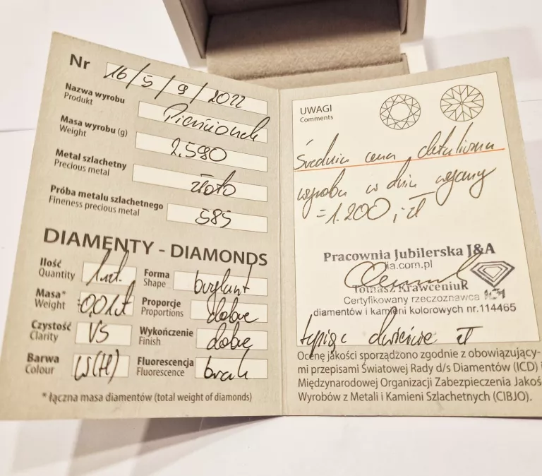 ZŁOTY PIERSCIONEK 585 2,59G R 14 Z DIAMENTEM 0.01CT